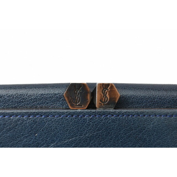 Yves Saint Laurent Tri Fold Wallet Leather YSL Navy Blue Brown - Picture 4 of 12